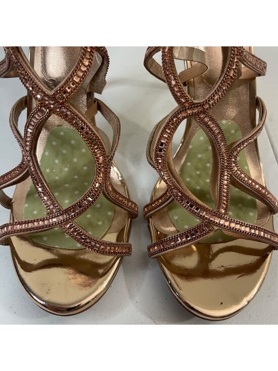 ALDO Strappy Metallic Gold Heeled Sandals With Rhinestone Accents Peep Toe - Picture 5 of 11